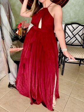 Lulu's Burgundy Halter Cutout Prom Gown